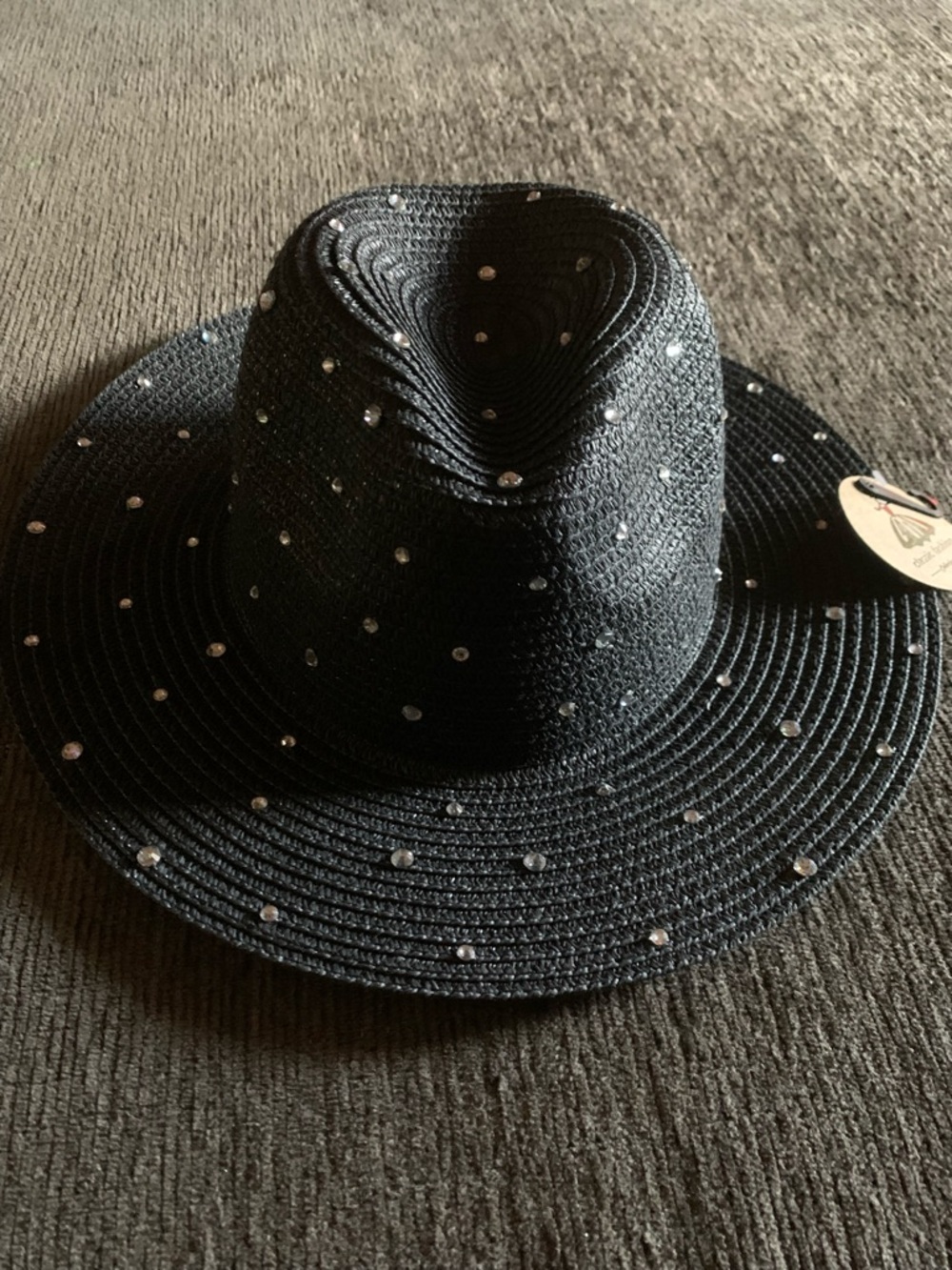 Black rhinestone fedora straw hat - Picture 2 of 7